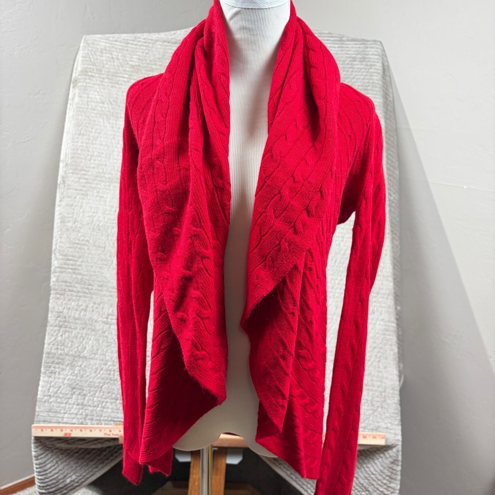 Lauren Ralph Lauren Red Cable Knit Open‎ Front Cardigan Wool Cashmere Blend L XL